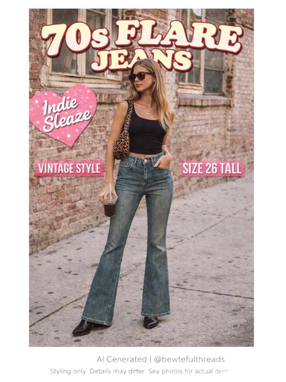 Y2K 70s Flare Jeans High Rise Vintage Wash Indie Sleaze Tall 26